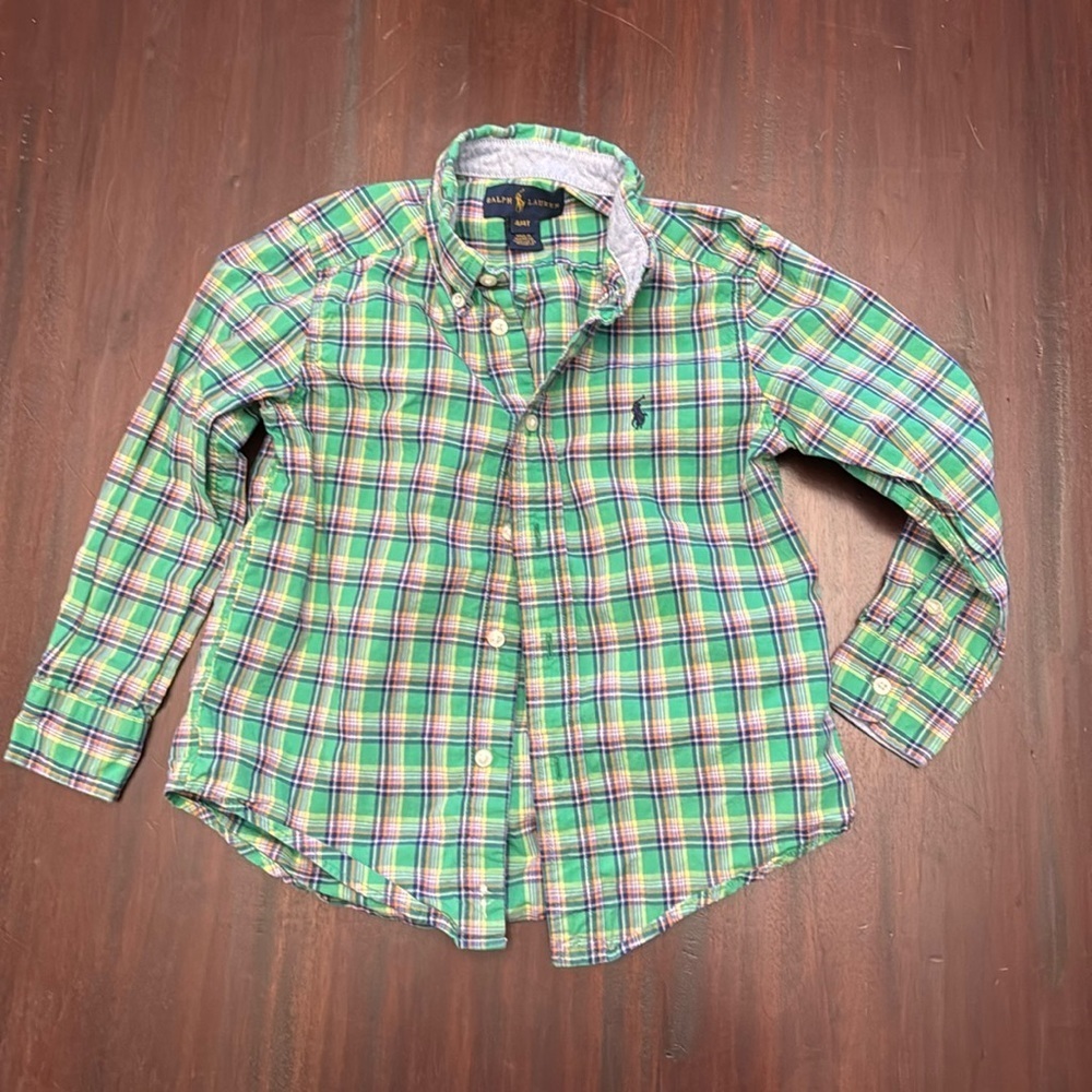 Ralph Lauren boys green plaid button up size 4/4T